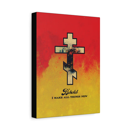 Behold, I Make All Things New (Revelation 21:5) | Cosmic Orthodox Cross on Red and Yellow Background | Orthodox Christian Canvas Art