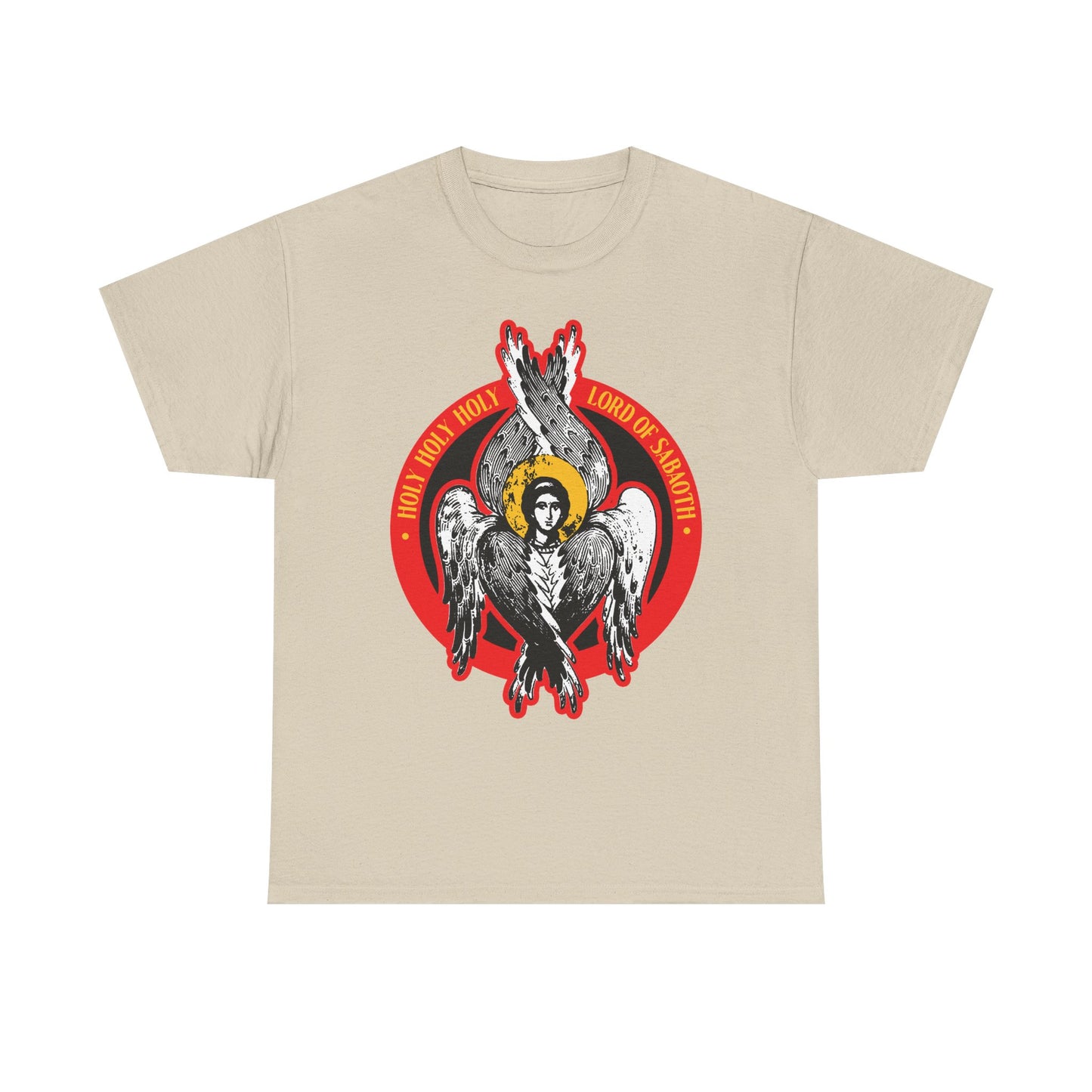 Sand-colored "Holy Holy Holy, Lord of Sabaoth" heavy cotton t-shirt with a seraphim angel graphic and bold red and yellow text, inspired by Isaiah 6. Christian design celebrating the Lord of Hosts and the unseen realm.