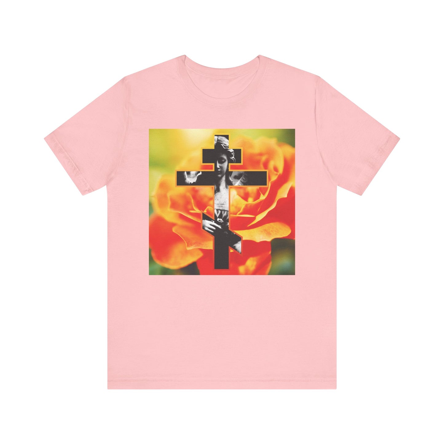 Pink Cemetery Statue Angel Cross on Orange Rose tee—"Remember You Will Die" Memento Mori Orthodox Christian unisex cotton shirt.