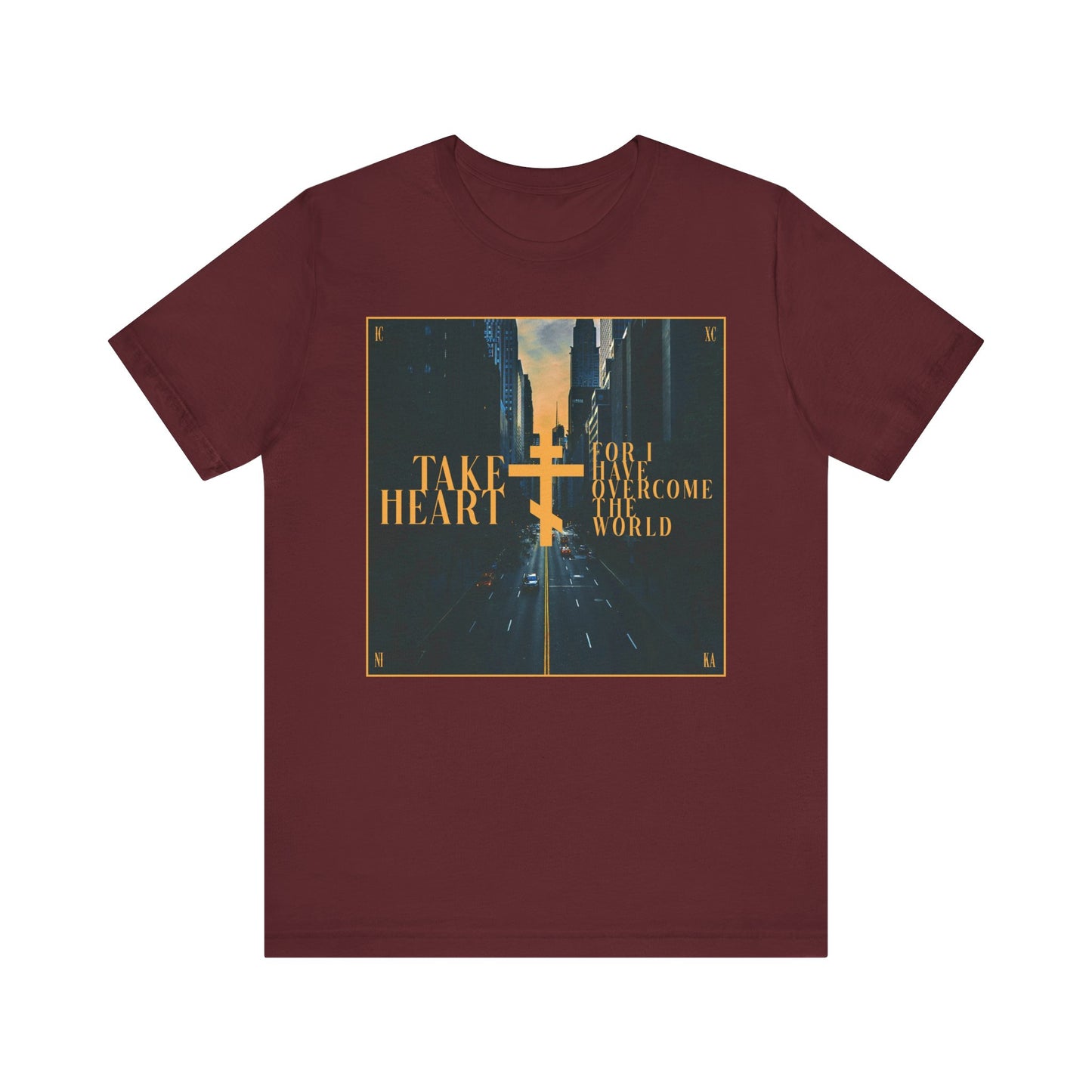 Take Heart, For I Have Overcome the World (John 16:33) | Redemptive Modern City Street Scene Design | Lightweight Cotton Unisex Tee