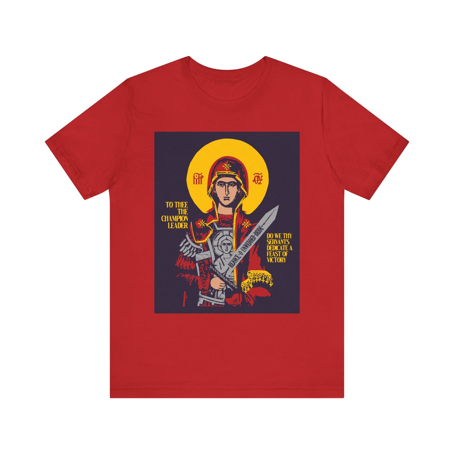 Red lightweight cotton unisex tee featuring a stylized icon of the Theotokos with sword, gold halo, and yellow text. “To Thee the Champion Leader” Orthodox Christian design.
