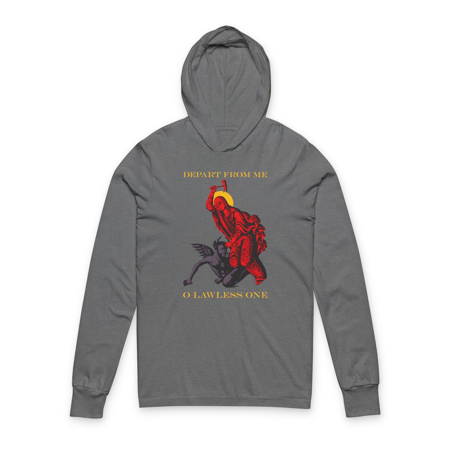 St Marina IconoGraphic (Depart from Me O Lawless One) | Saint Beating the Devil with a Hammer | Orthodox Long Sleeve Hooded Shirt