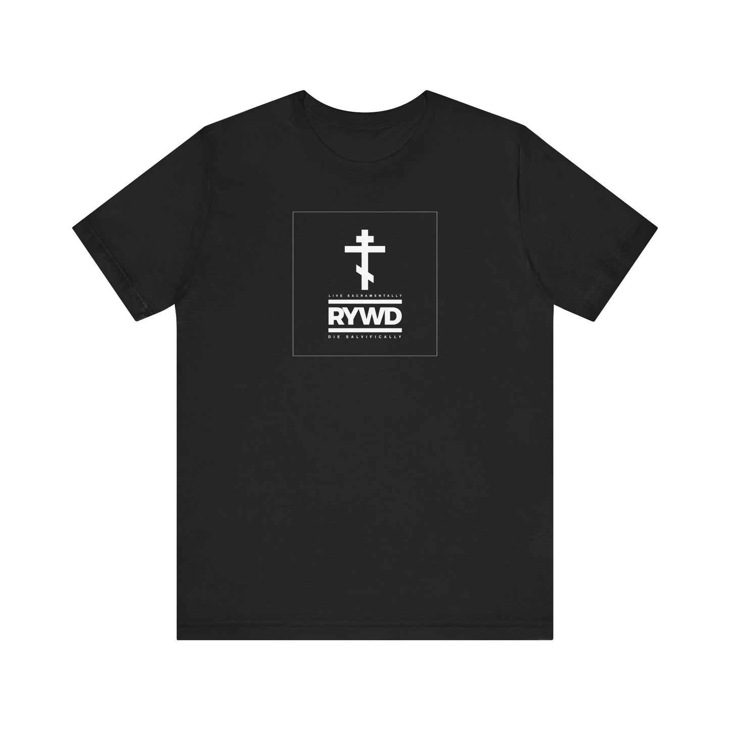 Introducing the RYWD (Remember You Will Die) Orthodox Christian Lightweight Cotton Unisex Tee in black, featuring a minimalist white Orthodox cross above the text "RYWD" as a powerful reminder to live in remembrance, along with the thought-provoking slogan "Live Sacramentally Die Salvifically" displayed in a white box on the chest.