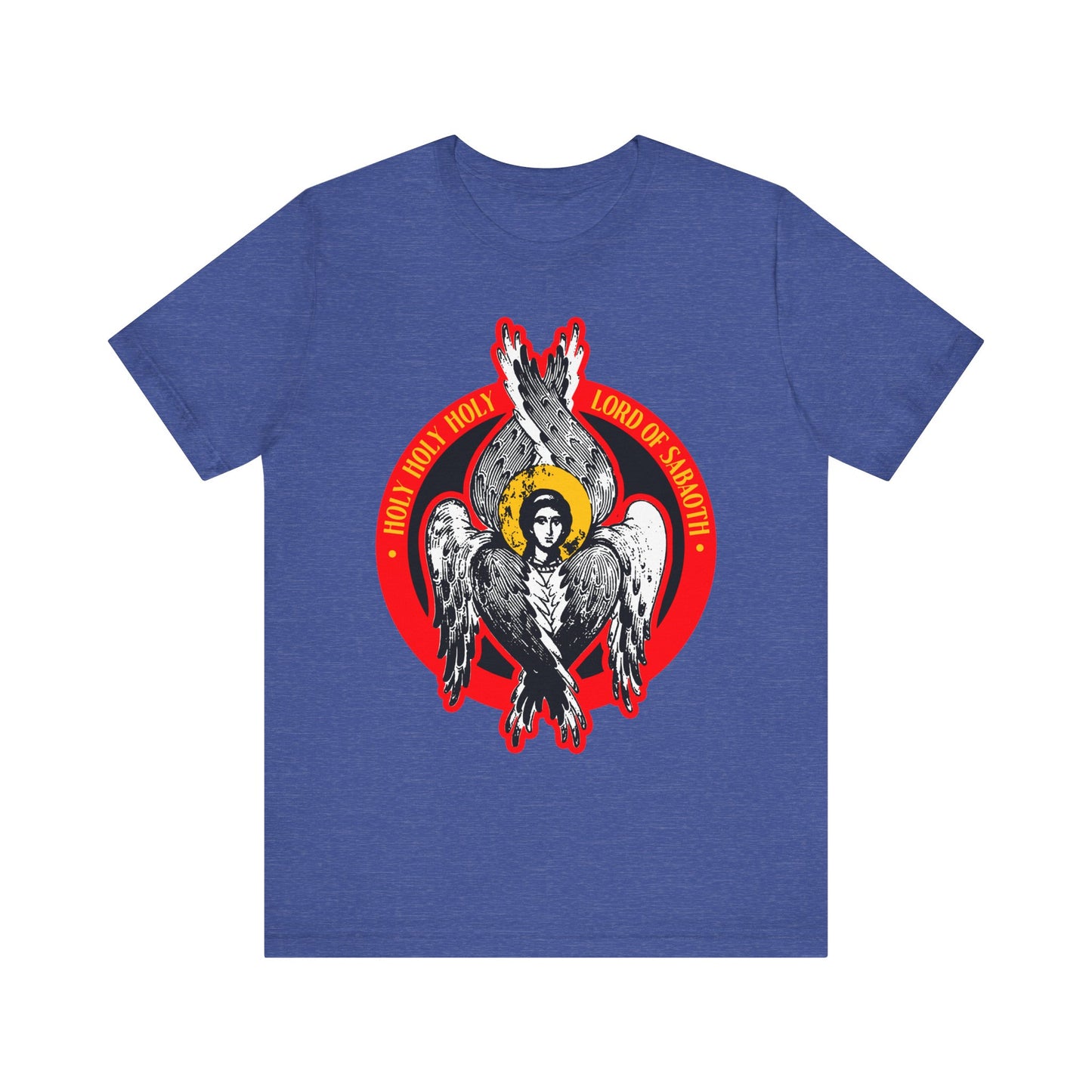 Heather True Royal tee with a seraphim angel graphic and red circle; features "Holy Holy Holy Lord of Hosts" text, inspired by Isaiah 6. Unisex lightweight cotton shirt: Holy Holy Holy, Lord of Sabaoth | Seraphim Angel IconoGraphic.