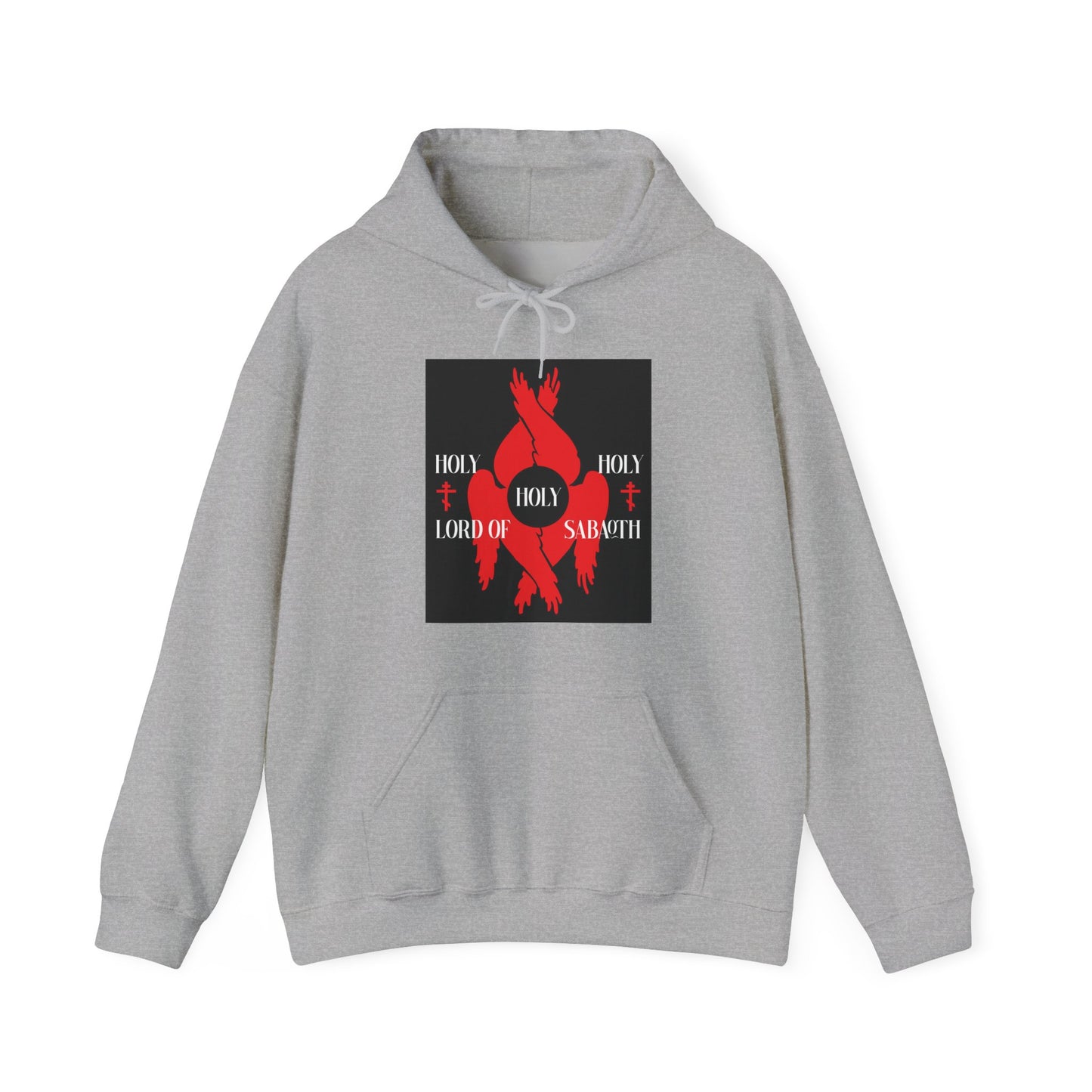 Sport Grey hoodie featuring a black and red design with "Holy Holy Holy Lord of Sabaoth," red seraphim wings, Orthodox crosses, and Isaiah 6:3—perfect for Orthodox Christian faith wear.