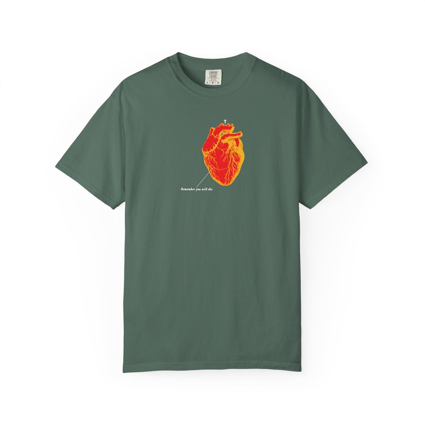 Blue Spruce heavyweight cotton tee featuring a red & orange antique medical textbook heart graphic and "Remember You Will Die" memento mori theme, symbolizing the depth of soul and connection.