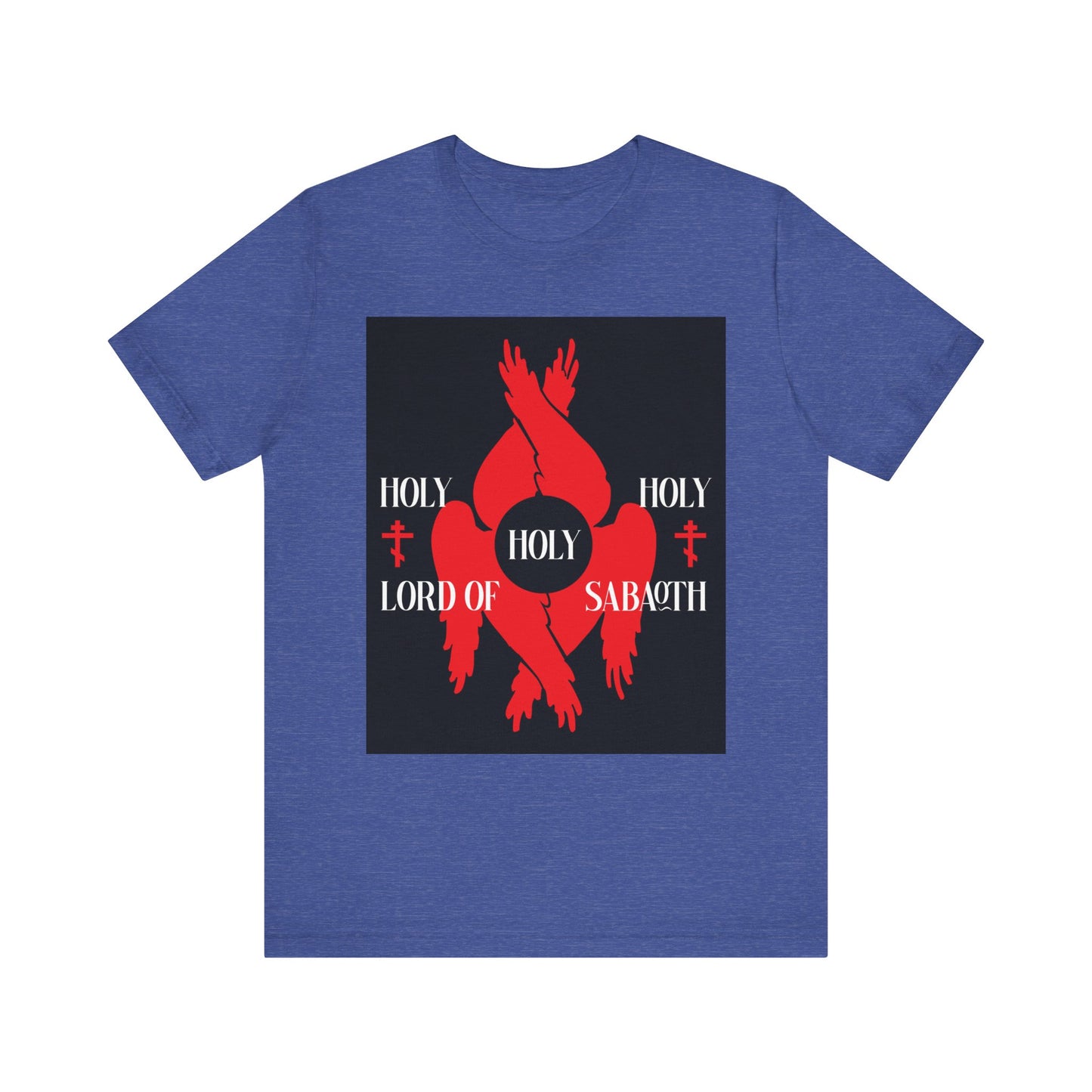 Heather True Royal t-shirt featuring red seraphim wings, Orthodox crosses, and white "HOLY HOLY HOLY LORD OF SABAOTH" text; inspired by Isaiah 6:3 and the Divine Council. Lightweight cotton unisex fit.