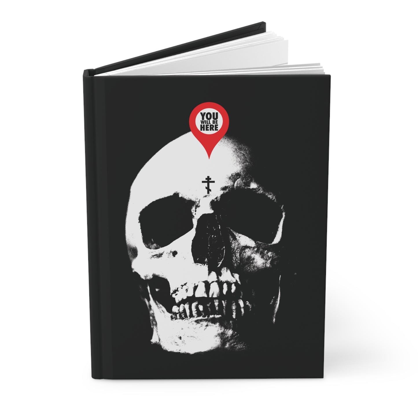 The "You Will Be Here Maps Marker on Skull" Orthodox Blank Journal features a black cover with a white skull and red pin, reminding us: "What You Are I Once Was," "Remember You Will Die," and the Memento Mori message of mortality.