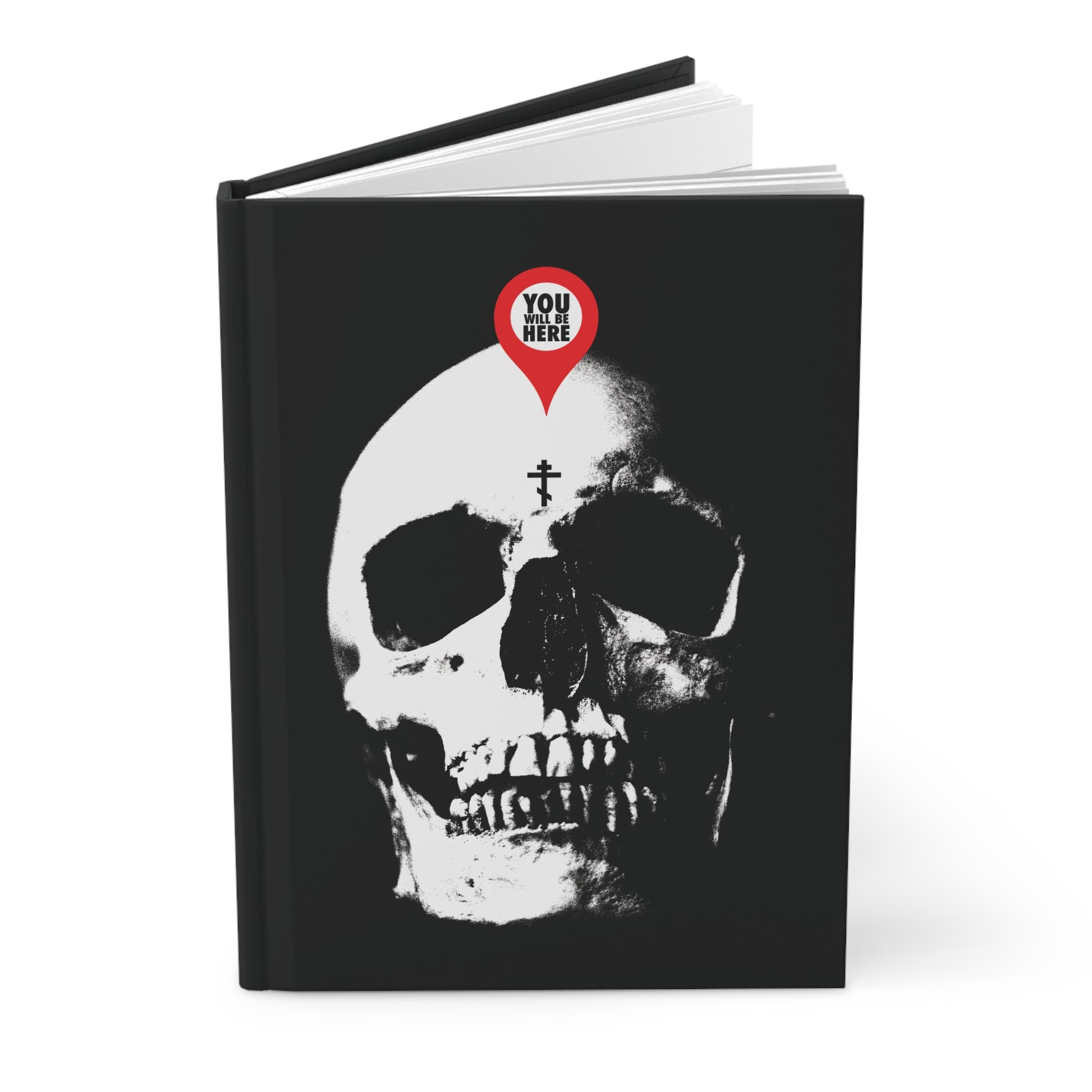 The "You Will Be Here Maps Marker on Skull" Orthodox Blank Journal features a black cover with a white skull and red pin, reminding us: "What You Are I Once Was," "Remember You Will Die," and the Memento Mori message of mortality.