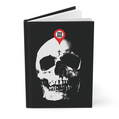 The "You Will Be Here Maps Marker on Skull" Orthodox Blank Journal features a black cover with a white skull and red pin, reminding us: "What You Are I Once Was," "Remember You Will Die," and the Memento Mori message of mortality.