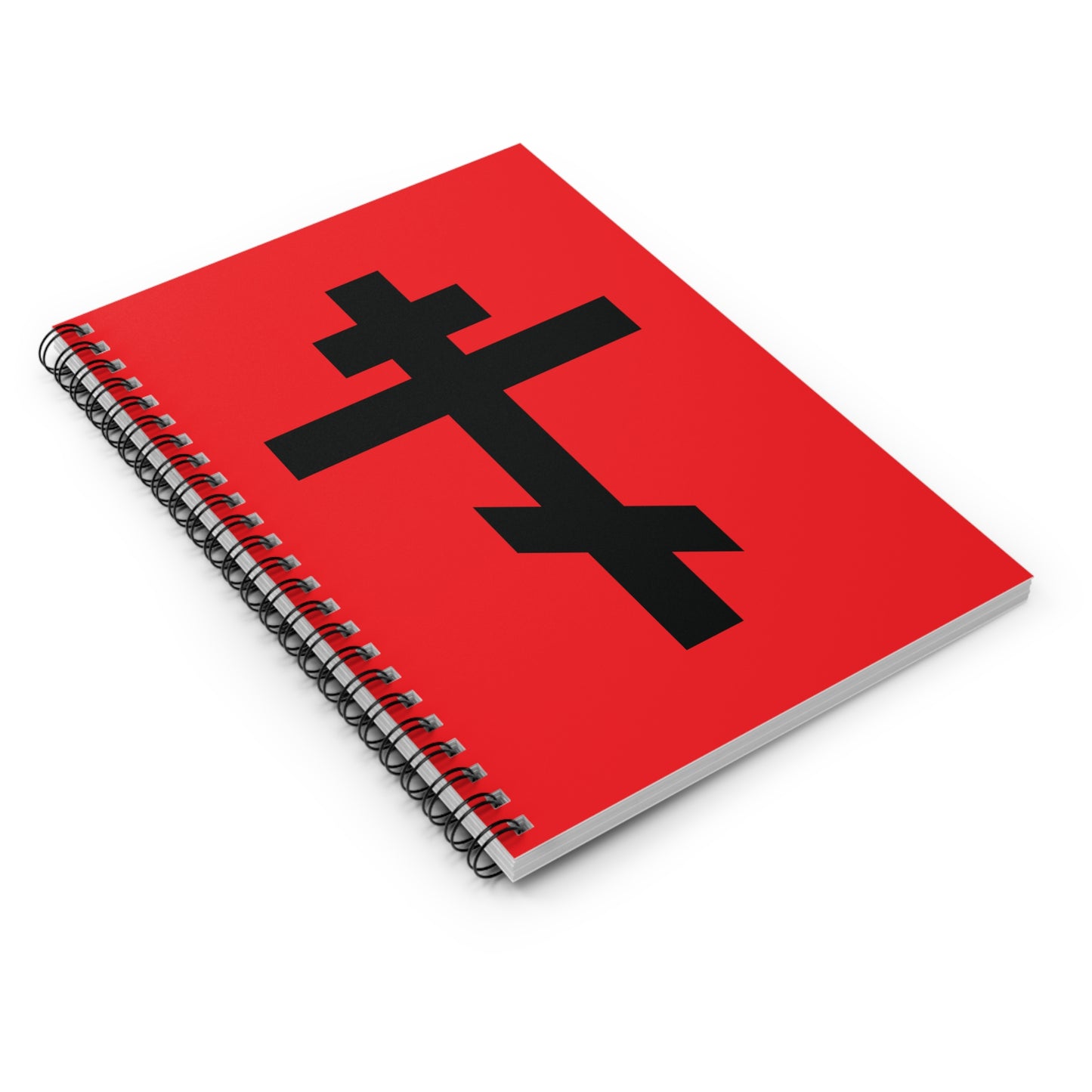 A red spiral notebook featuring a bold black Orthodox cross and the quote “May I never boast, except in the cross of our Lord Jesus Christ” (Gal 6:14). Inspired by St John Chrysostom’s commentary on Galatians.
