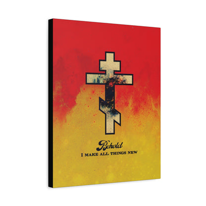 Behold, I Make All Things New (Revelation 21:5) | Cosmic Orthodox Cross on Red and Yellow Background | Orthodox Christian Canvas Art