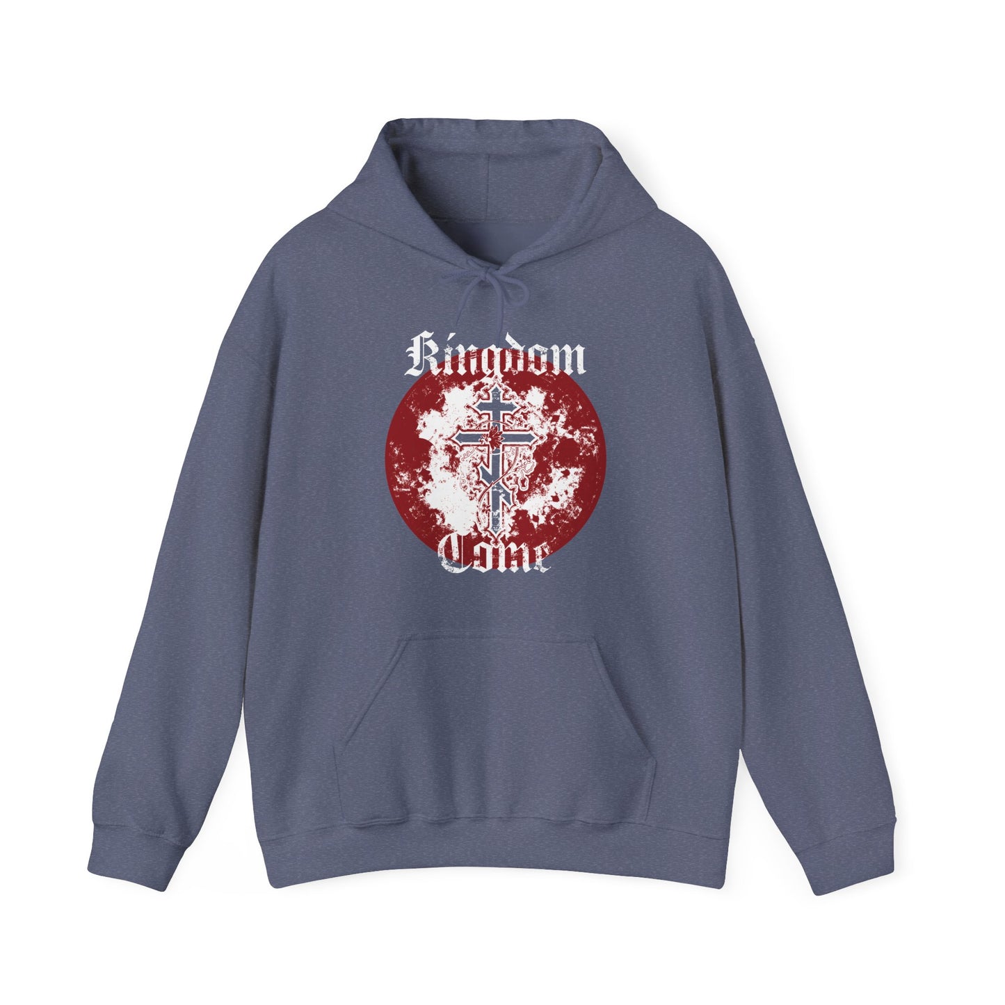 Heather Navy hoodie featuring an Orthodox Cross with vine inside a red circle and "Kingdom Come" in textured Gothic font, inspired by the Lord’s Prayer. Orthodox Christian design.