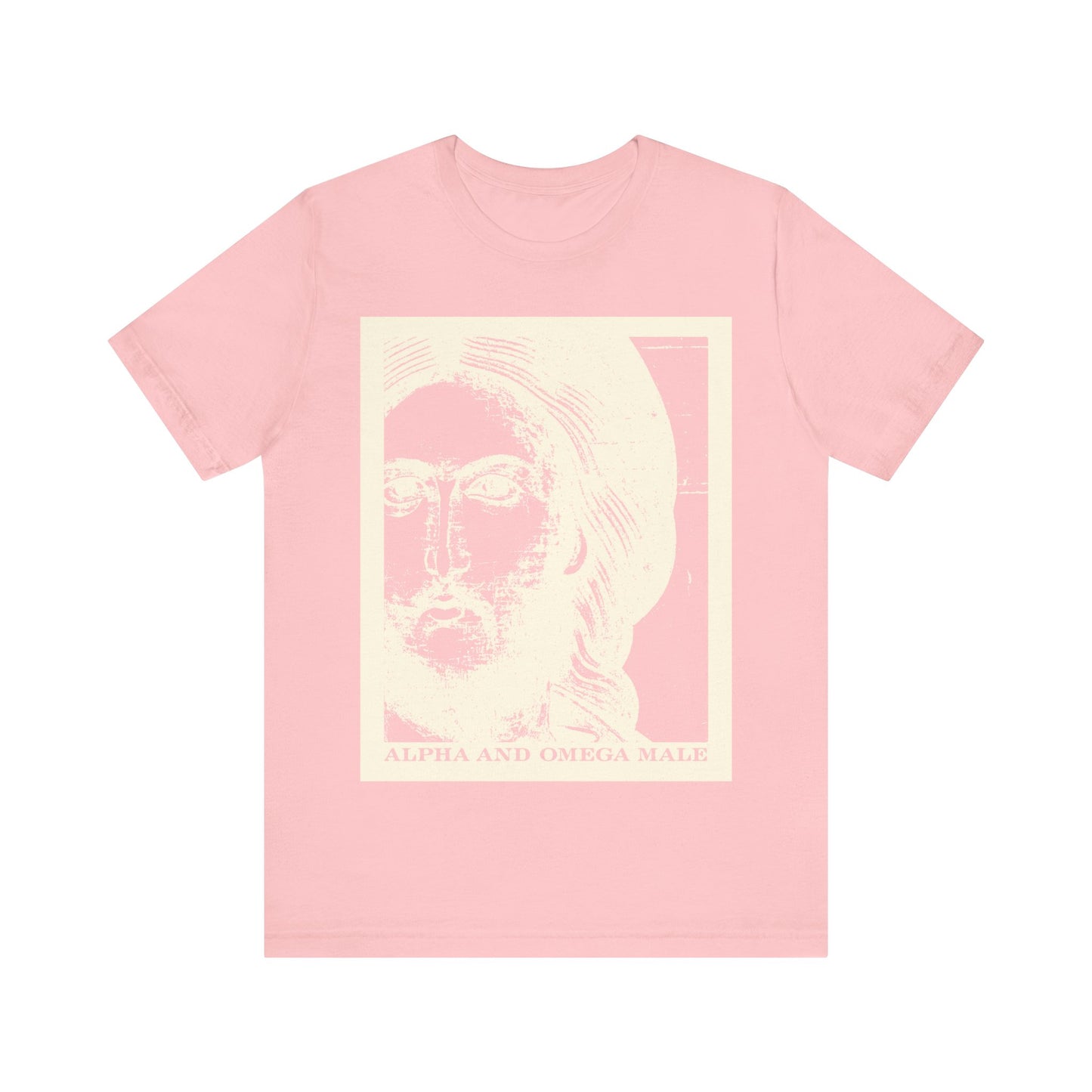 Pink "Alpha & Omega Male" unisex cotton tee featuring a photonegative Jesus Christ graphic and "I am the Beginning & the End (Rev 22)" text, inspired by Orthodox Christian faith.