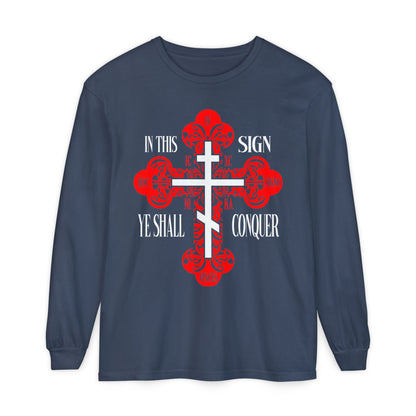 Midnight long-sleeve shirt featuring a red ornate Orthodox Cross and the words "In This Sign Ye Shall Conquer"—a tribute to ICXC NIKA and Christian faith.