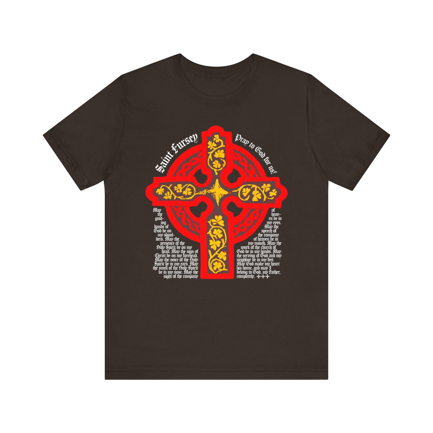 Brown Lorica Shield Prayer of St Fursey tee featuring a red and yellow Celtic cross with decorative white text, inspired by the Ancient Celtic Church. Lightweight cotton, unisex, Irish Orthodox Western Rite Christian design.