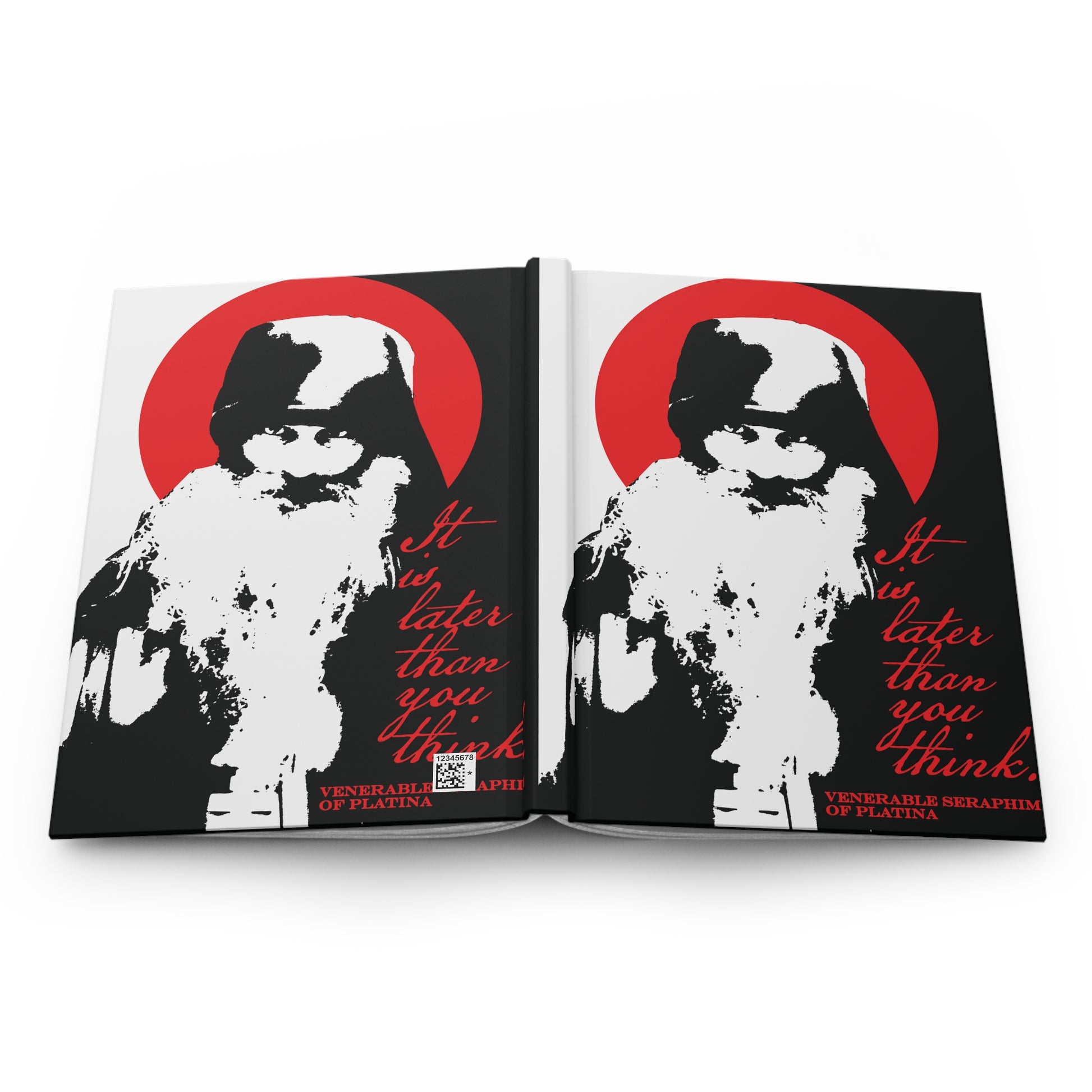 The Remembrance of Death journal "It's Later Than You Think" features a black and white illustration of a bearded man in a hood, set against a red circle, with red and white text by Fr Seraphim Rose, a modern Orthodox saint.