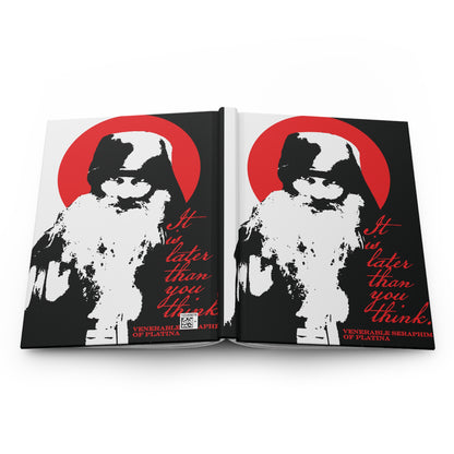 The Remembrance of Death journal "It's Later Than You Think" features a black and white illustration of a bearded man in a hood, set against a red circle, with red and white text by Fr Seraphim Rose, a modern Orthodox saint.