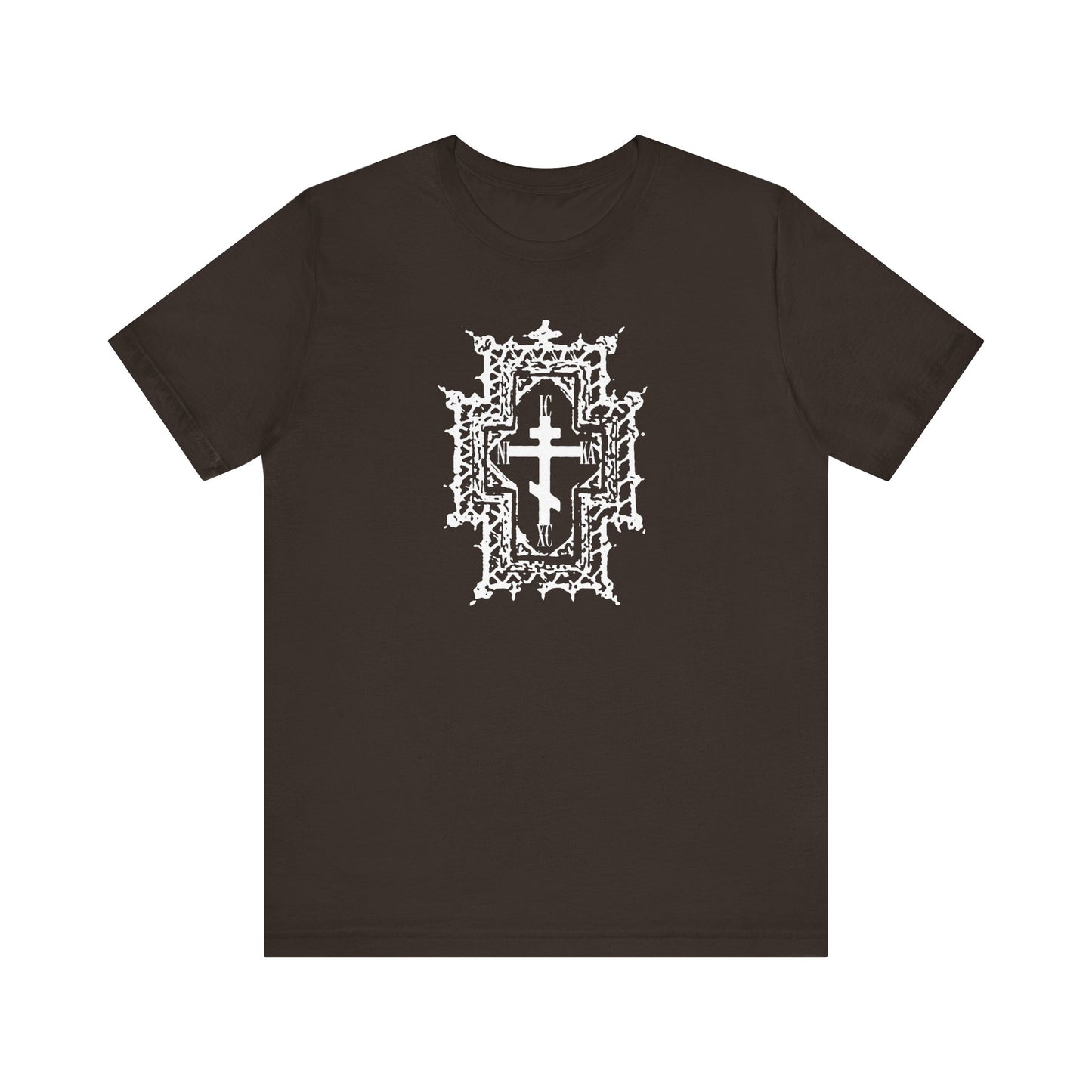Brown lightweight unisex tee featuring a Gothic cathedral-style Orthodox cross with "ICXC NIKA" and "Healed By His Wounds," symbolizing Jesus Christ’s victory and suffering, in a Christian ornate design.