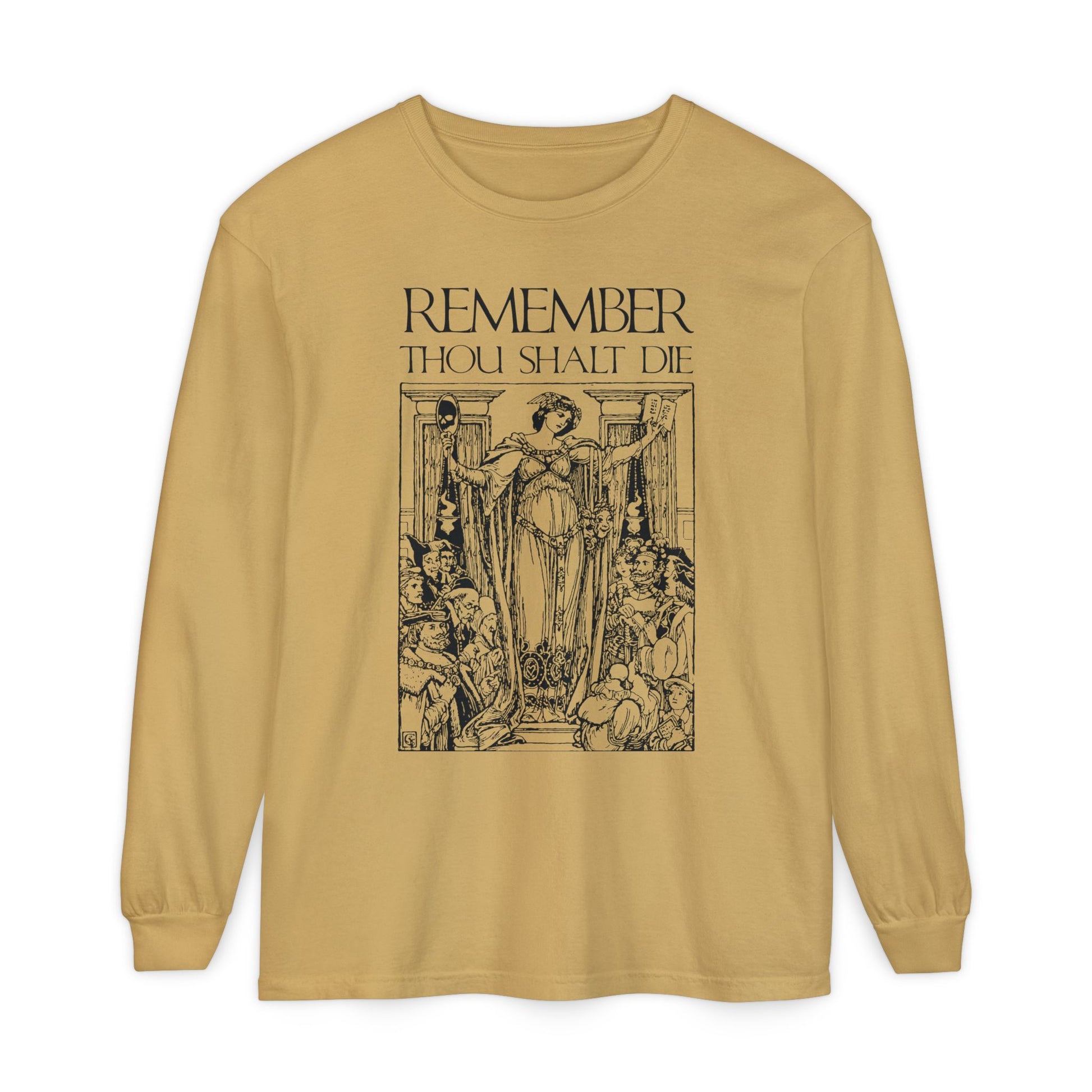Mustard long-sleeve featuring a classic woodcut of St Ephraim the Syrian, Orthodox Christian art, and the text "Remember You Will Die" in a Shakespearean memento mori design.