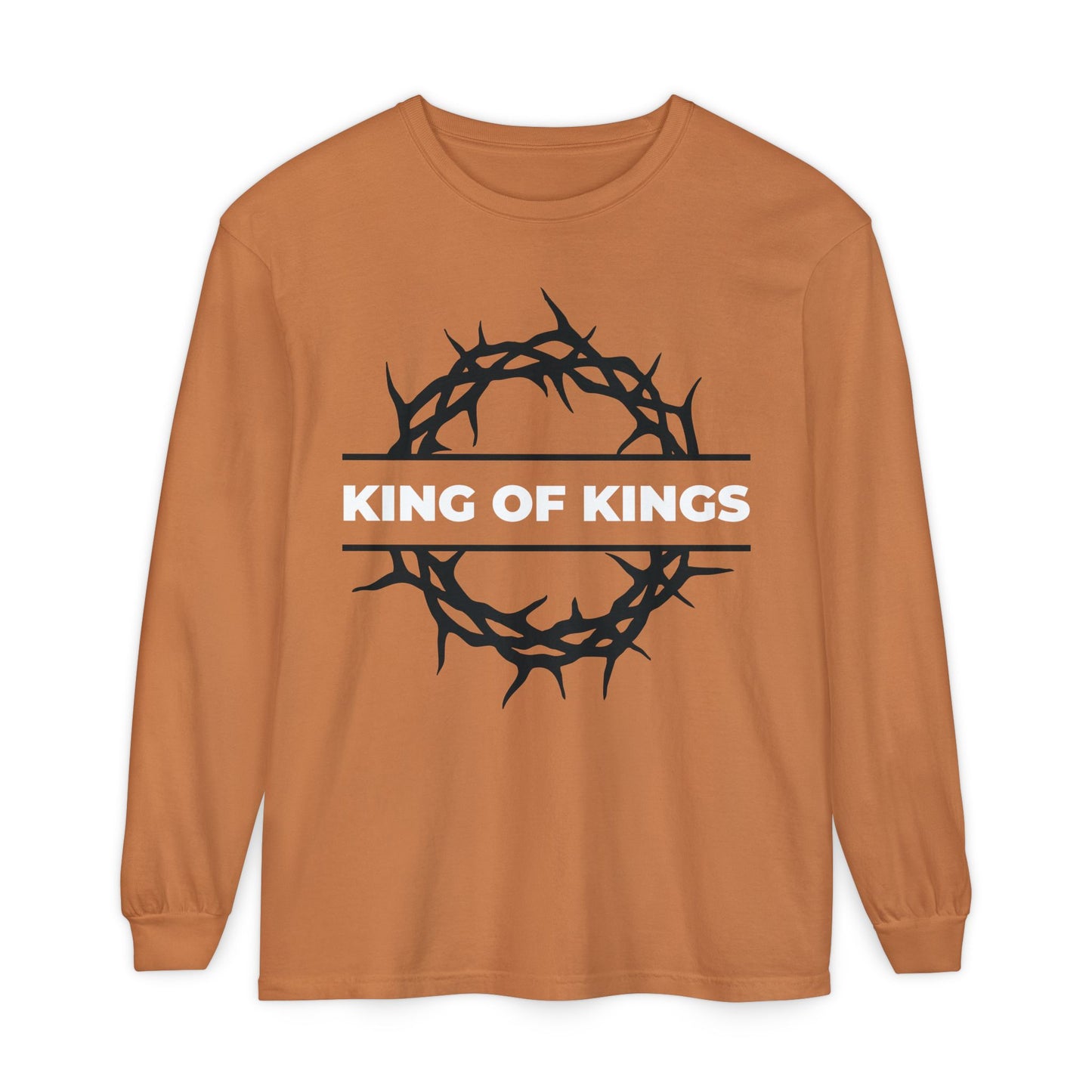 Yam-colored long sleeve shirt featuring a crown of thorns and “King of Kings” design, inspired by Revelation 19:16, proclaiming Christ is King. Christian cotton apparel from The King of Glory collection.