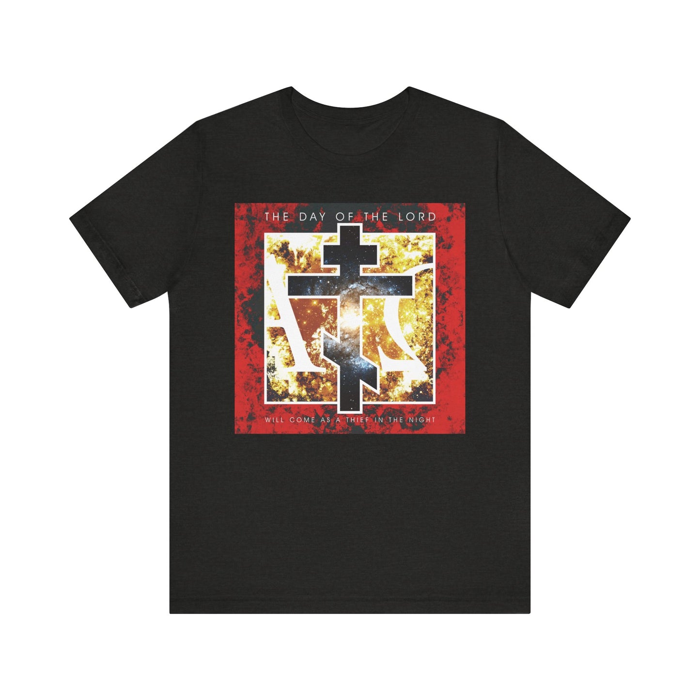 Black Heather unisex tee featuring a cosmic Alpha & Omega cross design and the phrase "The Day of the Lord Will Come as Thief in the Night" from 1 Thessalonians—a lightweight cotton shirt that inspires with its reminder that we are children of light and carry the hope of salvation.