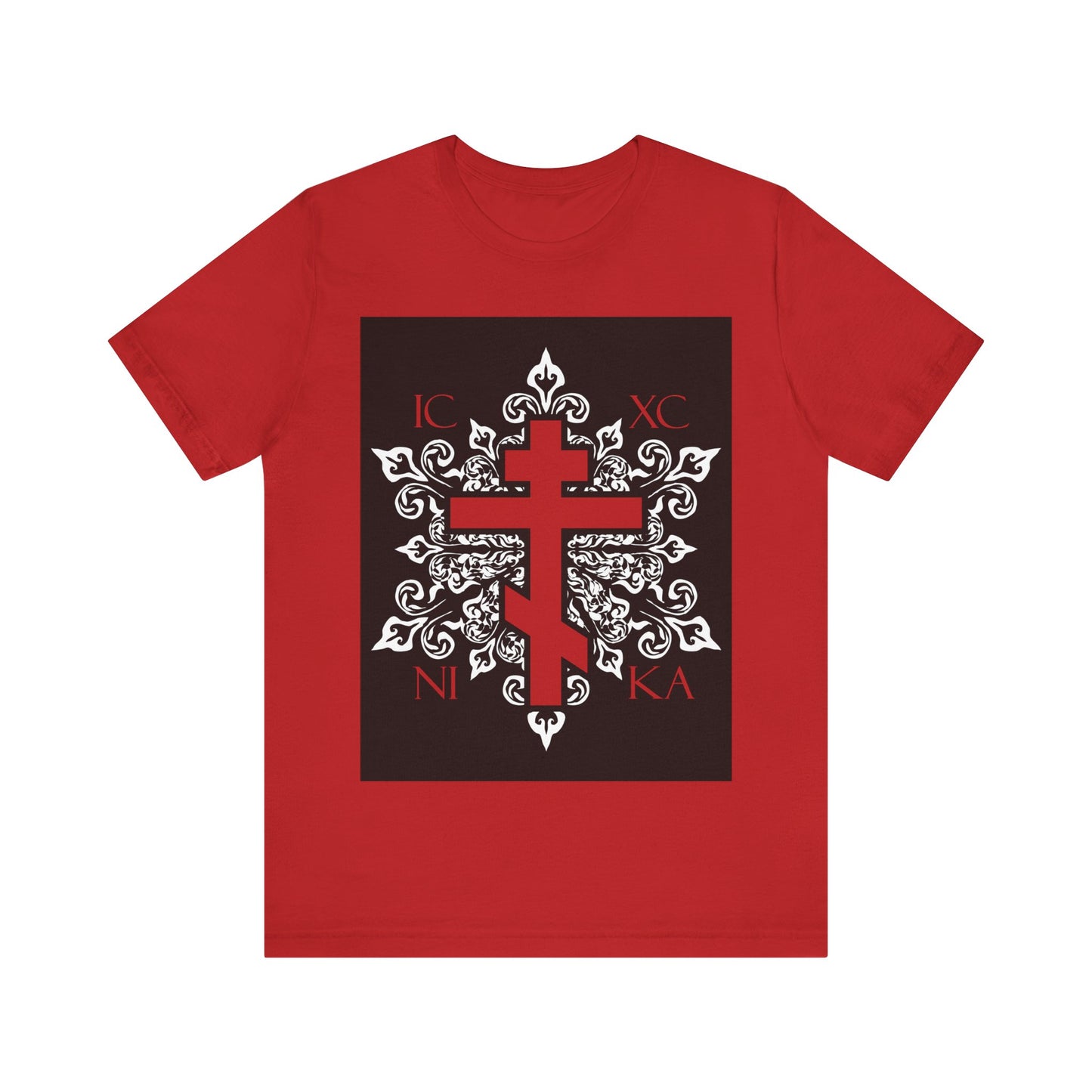 Bold red unisex cotton tee featuring an ornate white medieval floral Orthodox Cross with ICXC/NIKA symbols—an exclusive, best-selling Christian statement shirt.