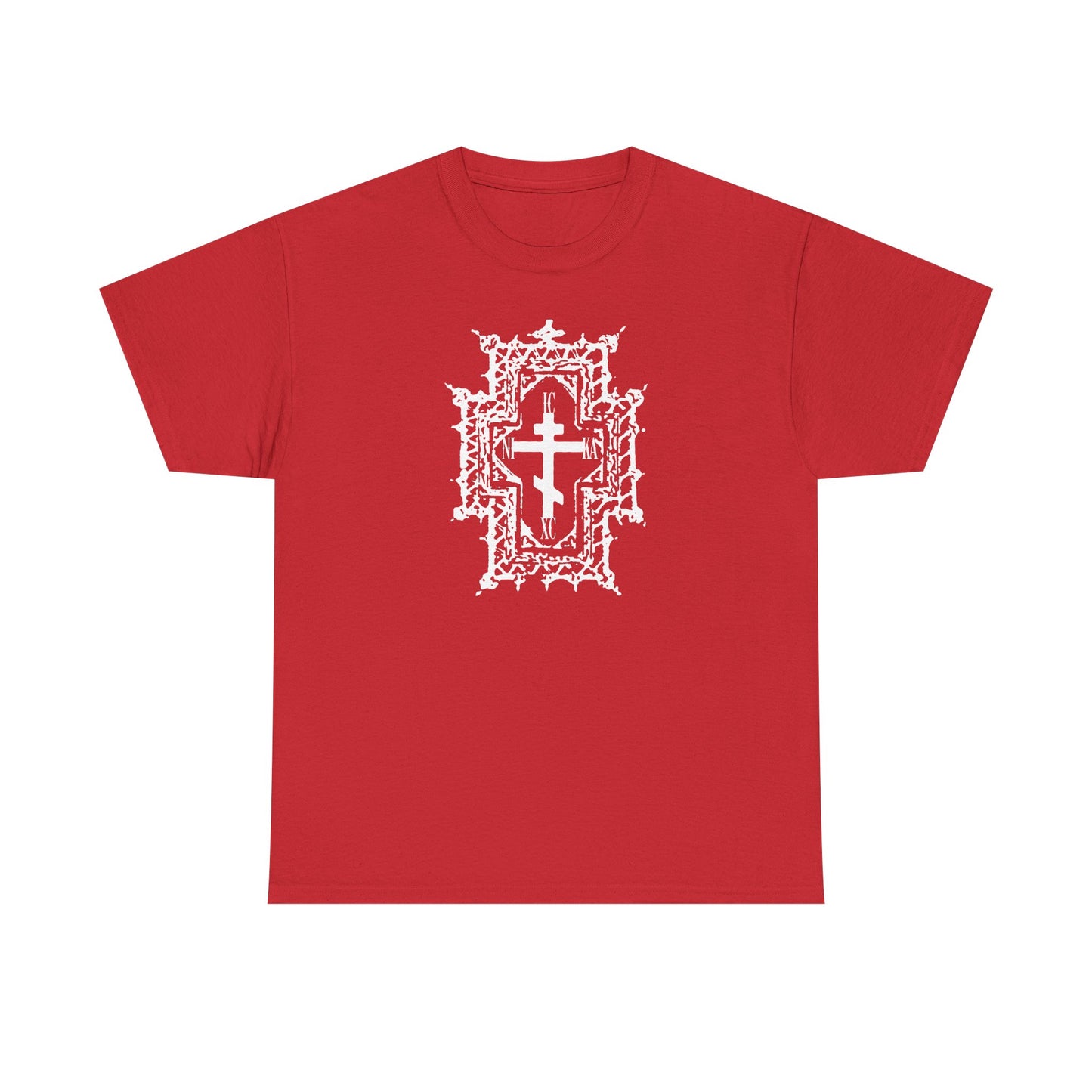 The red ICXC NIKA T-shirt features a Gothic Cathedral style Orthodox cross, symbolizing “Healed By His Wounds”, with "Jesus Christ Conquers" design at the center. Made of heavy cotton.
