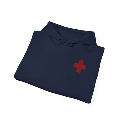 Navy blue hooded sweatshirt featuring a small red cross inspired by a St Nicholas of Myra Orthodox Christian Hoodie.