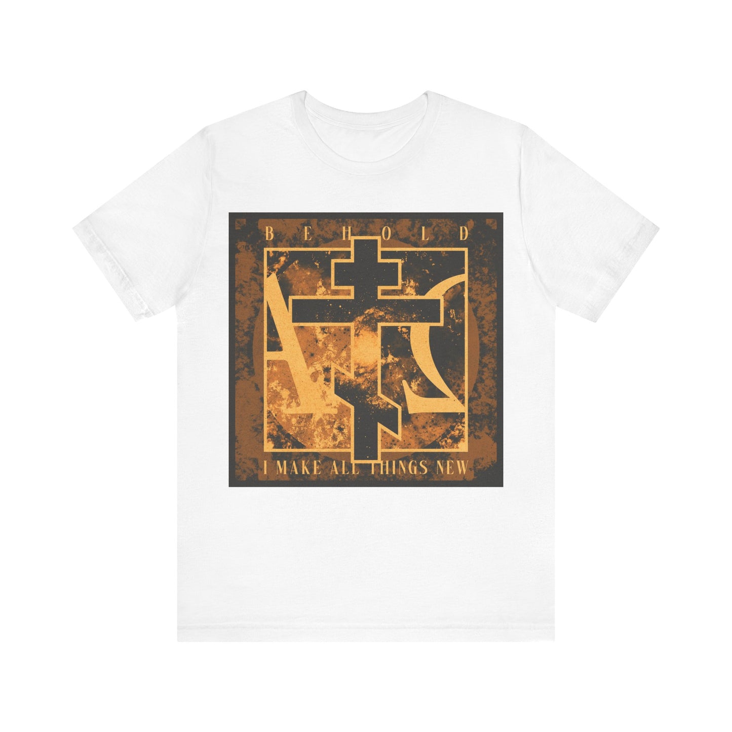 White cotton t-shirt featuring a brown and orange Orthodox cross with Alpha & Omega, abstract background, and the text "Behold, I Make All Things New" (Rev 21:5).