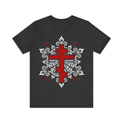 ICXC / NIKA Red Orthodox Cross on Ornate White Medieval Floral Design | Exclusive Best-Selling Orthodox Christian T-Shirt