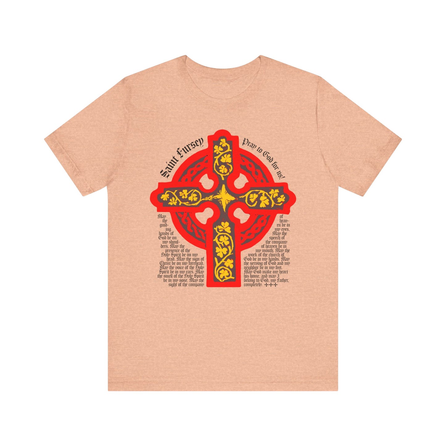 Heather peach unisex tee featuring a red and yellow Celtic cross and the Lorica Shield Prayer of St. Fursey, inspired by Irish Orthodox tradition. Lightweight cotton; Christian, Western Rite design.