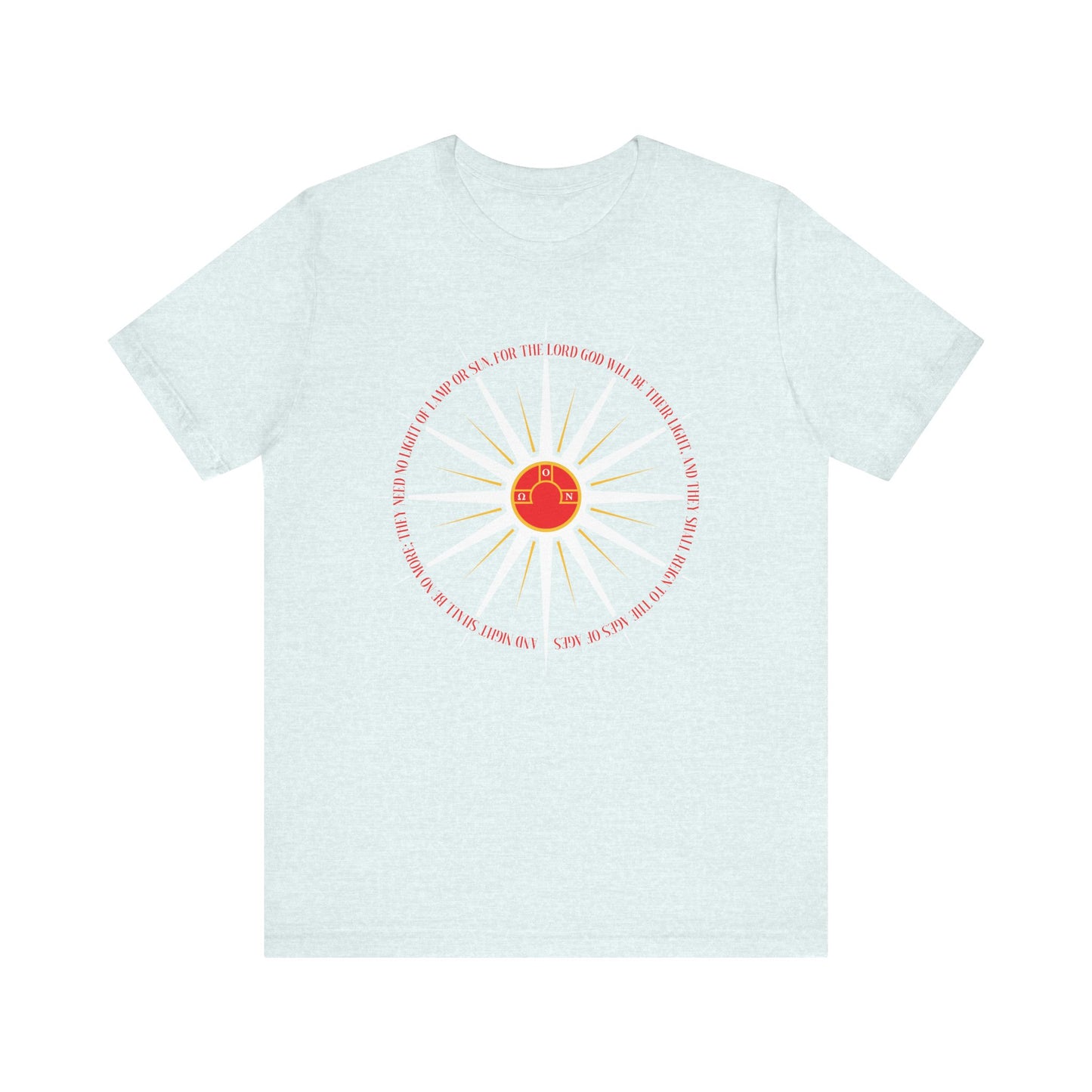 Heather Ice Blue cotton t-shirt featuring the “And Night Shall Be No More (Rev. 22:5)” design with blazing sun rays and apocalyptic Second Coming art—Orthodox Christian homage inspired by St. Nikolai Velimirovic’s teachings.