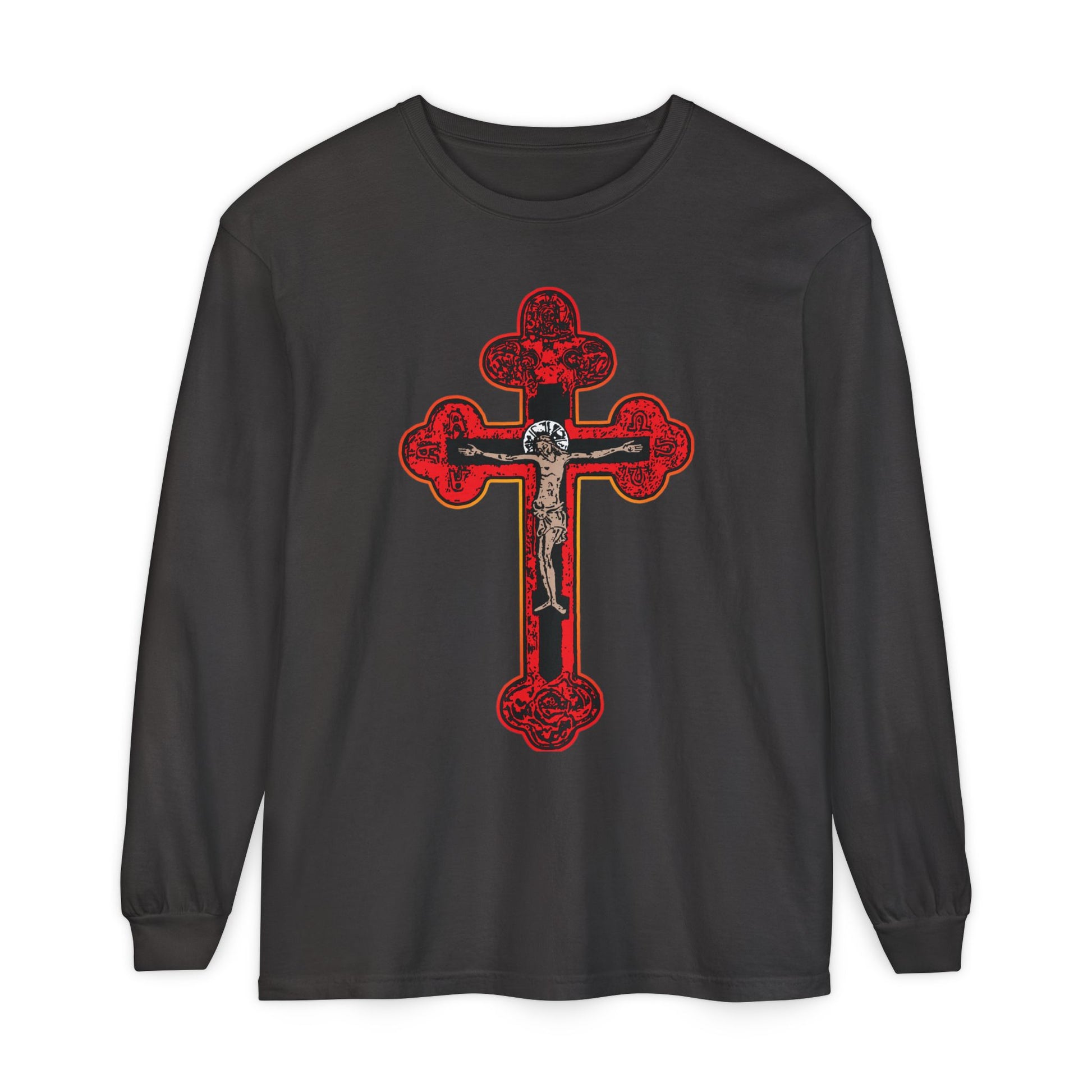 Graphite long-sleeve cotton shirt with a bold red and gold Byzantine Golgotha Cross design, featuring "Alpha & Omega" and "I Am Crucified With Christ.