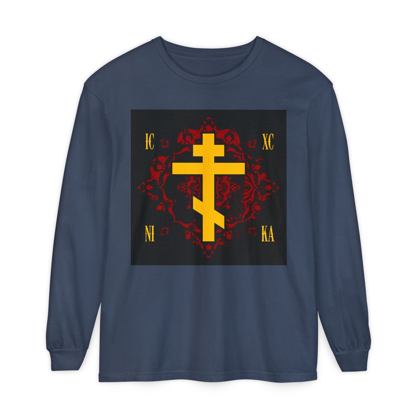 Midnight long-sleeve shirt featuring a yellow Russian Orthodox cross with gold Cyrillic letters, over an ornate red design. "ICXC NIKA"—Jesus Christ Conquers—adorns this unique Orthodox Christian apparel.