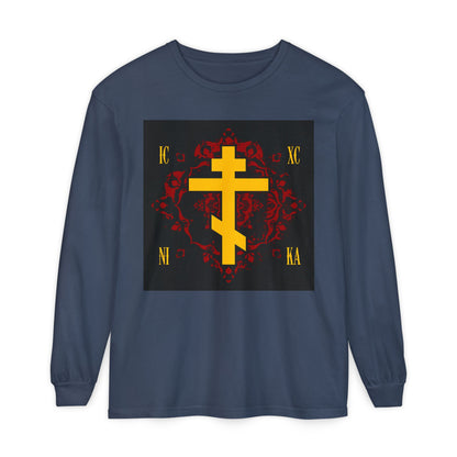 Midnight long-sleeve shirt featuring a yellow Russian Orthodox cross with gold Cyrillic letters, over an ornate red design. "ICXC NIKA"—Jesus Christ Conquers—adorns this unique Orthodox Christian apparel.