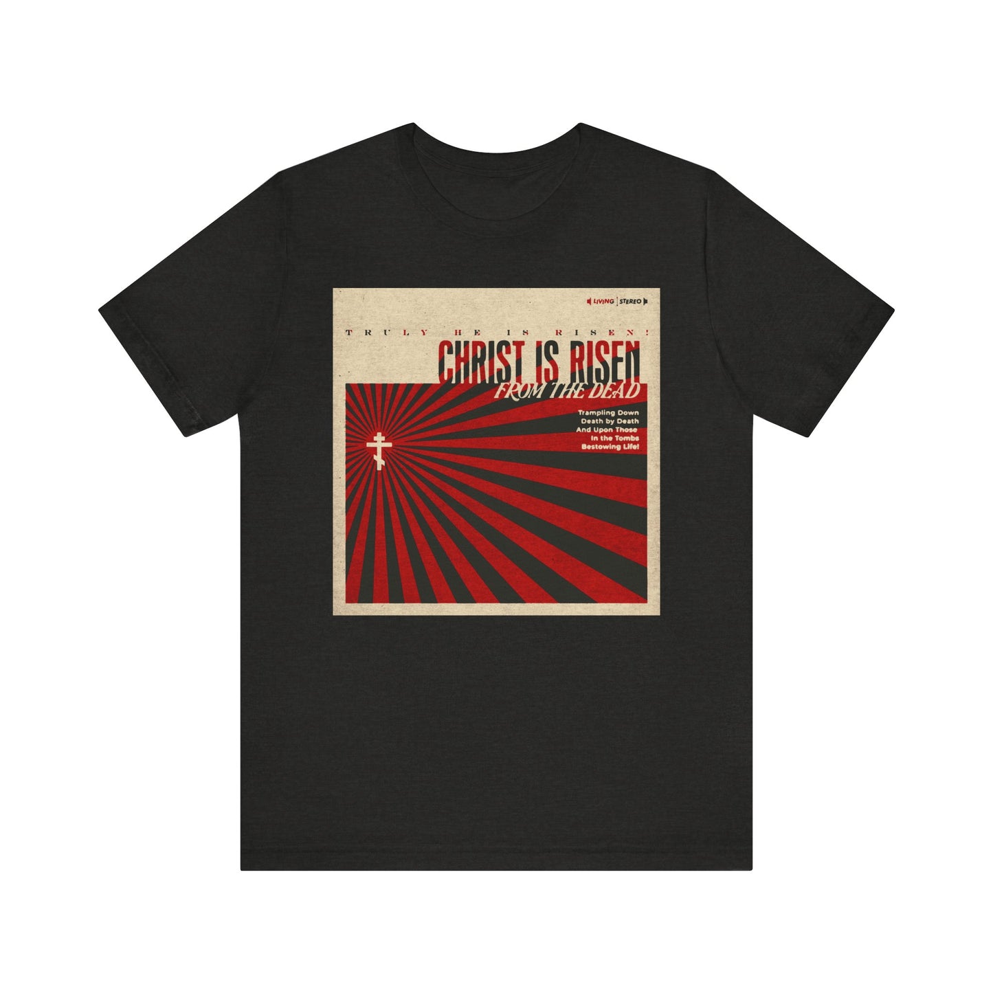 Black Heather unisex tee featuring a retro LP cover design with "Christ is Risen from the Dead" Paschal Troparion and cross graphic, celebrating Christ’s resurrection. Orthodox Christian lightweight cotton shirt.