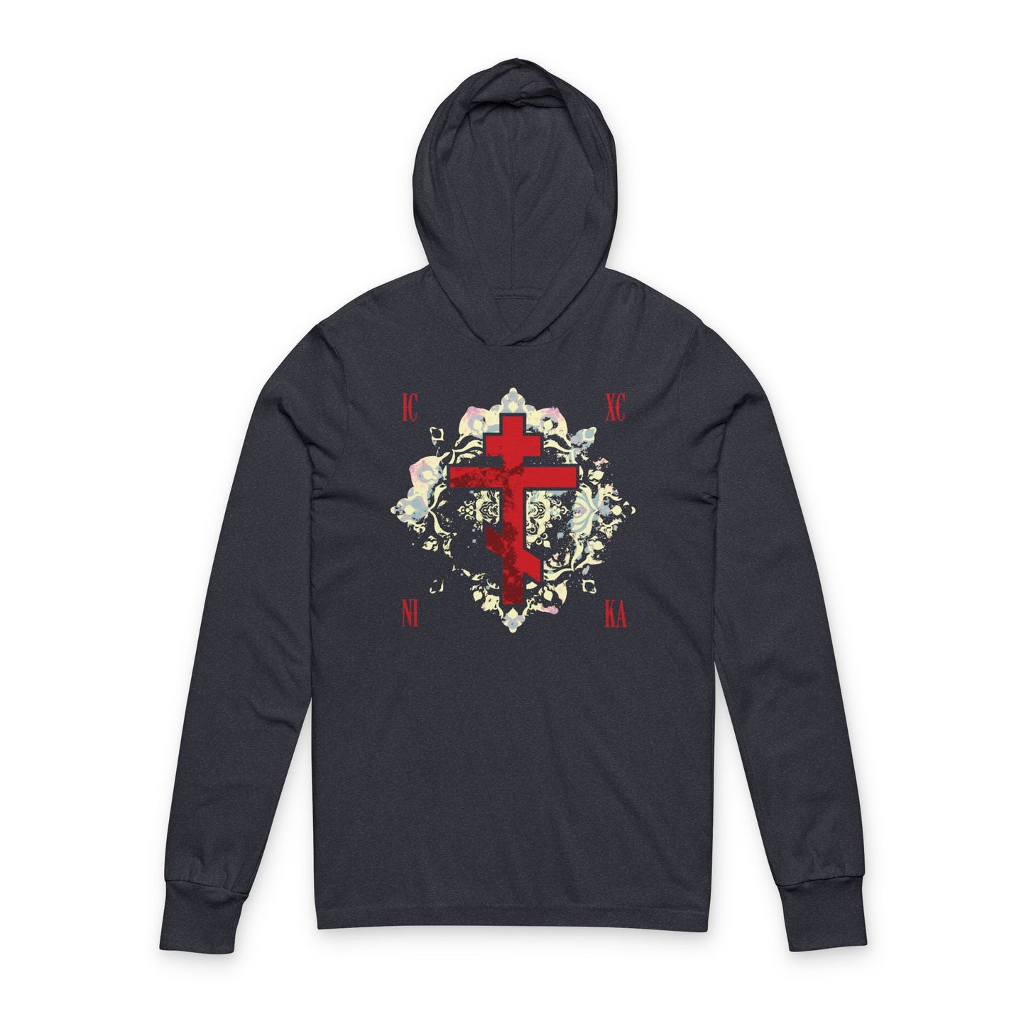 Heather navy hooded cotton shirt featuring a textured red Orthodox cross with a medieval floral background and Cyrillic text—ICXC NIKA, meaning Jesus Christ Conquers. Inspired by Orthodox tradition and spiritual warfare.