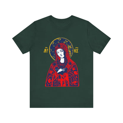 Forest T-shirt featuring the Joy of All Joys Tenderness Theotokos icon in a bright red Orthodox design, inspired by traditional iconography, with ornate details and a halo.