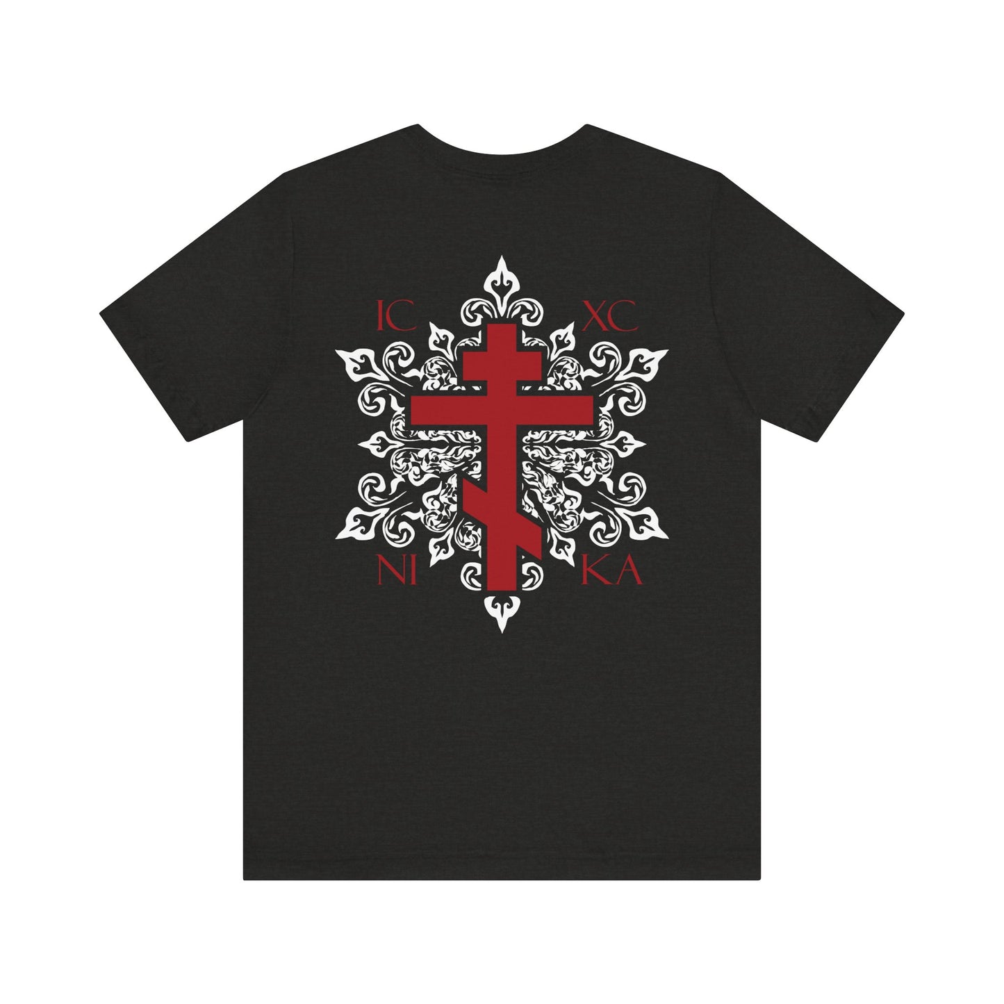 Introducing the ICXC NIKA Red Orthodox Cross t-shirt: a lightweight cotton unisex shirt featuring a red cross on the front left breast, an ornate white medieval floral design, and striking red Greek letters over a prominent Orthodox cross on the back. Available as a custom order for a truly unique, personalized touch.