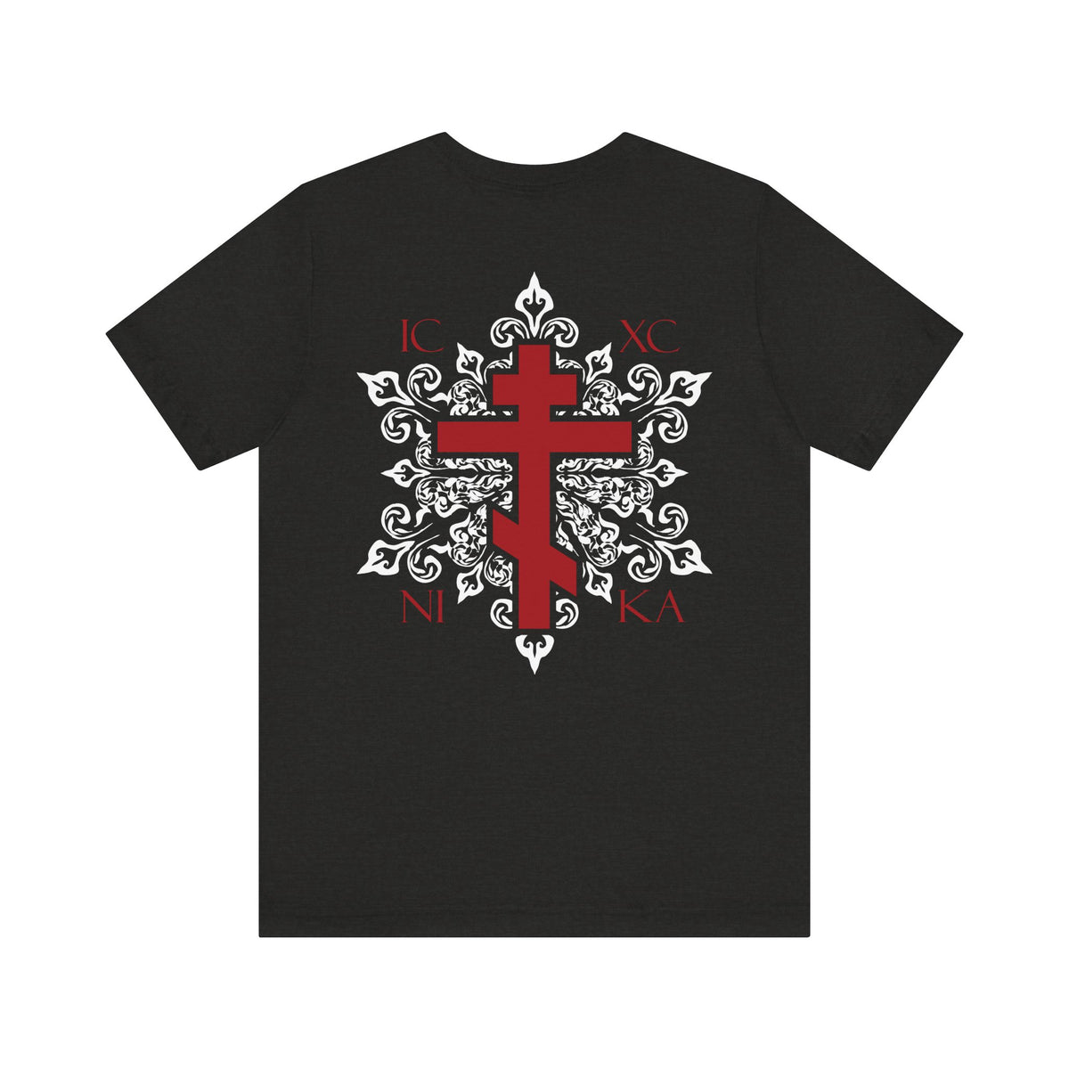 Introducing the ICXC NIKA Red Orthodox Cross t-shirt: a lightweight cotton unisex shirt featuring a red cross on the front left breast, an ornate white medieval floral design, and striking red Greek letters over a prominent Orthodox cross on the back. Available as a custom order for a truly unique, personalized touch.