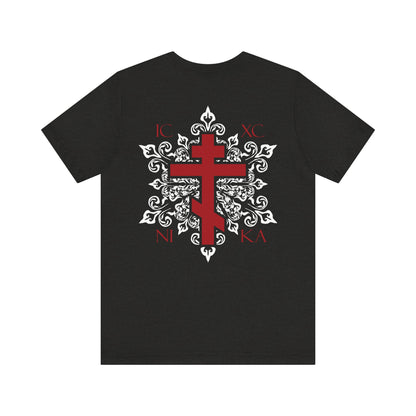 Introducing the ICXC NIKA Red Orthodox Cross t-shirt: a lightweight cotton unisex shirt featuring a red cross on the front left breast, an ornate white medieval floral design, and striking red Greek letters over a prominent Orthodox cross on the back. Available as a custom order for a truly unique, personalized touch.
