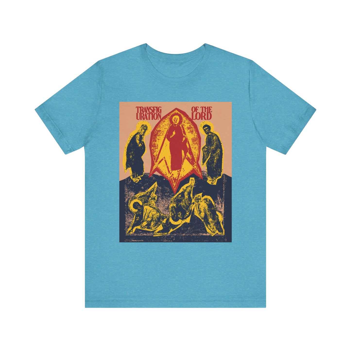 Heather Aqua unisex tee, inspired by the Transfiguration of Christ with Orthodox icono-graphic and punk zine cut-out style, features religious figures and “Transfiguration of the Lord” in red at the top. Lightweight cotton.