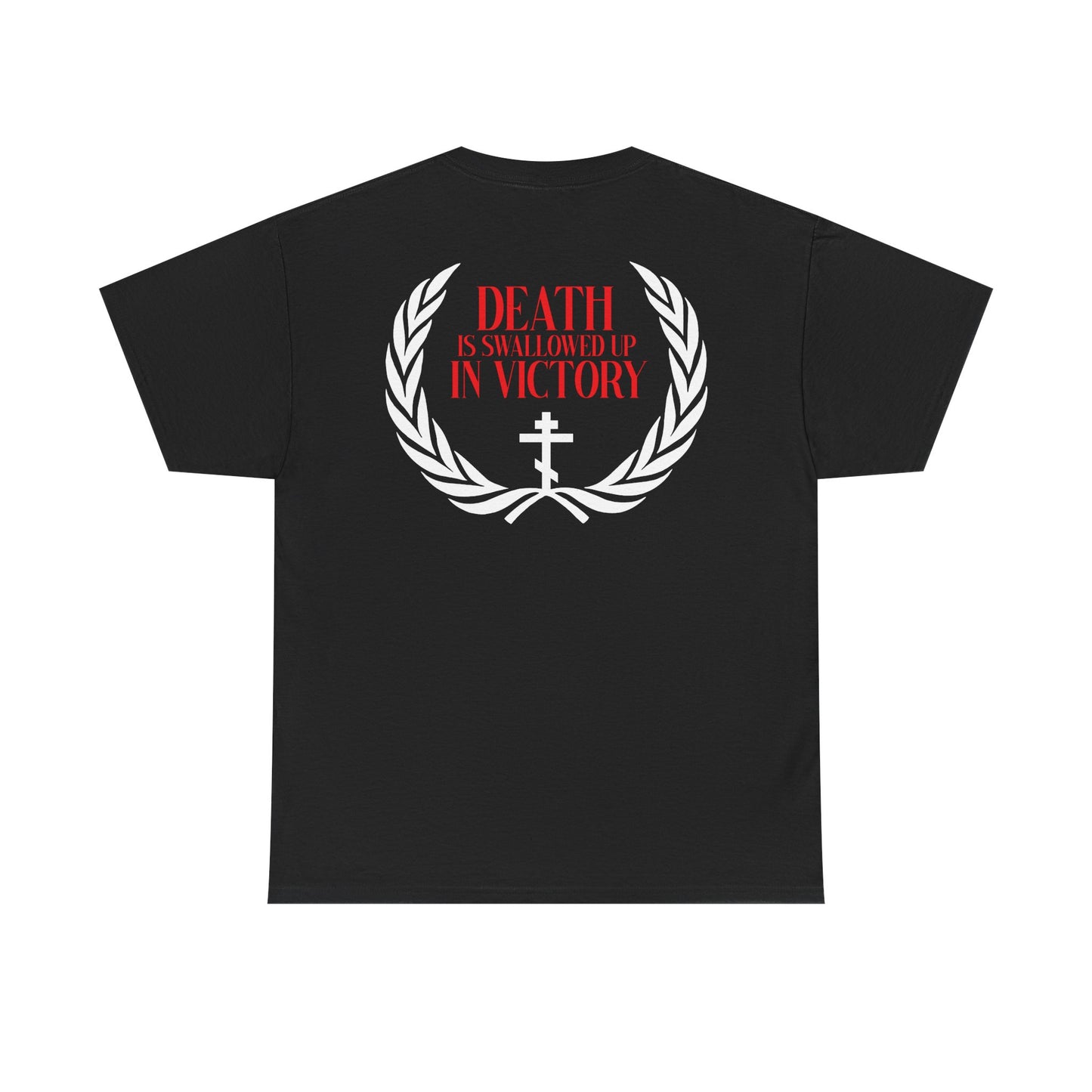 Archangel Michael of the Apocalypse Iconographic / Death is Swallowed Up In Victory double-sided unisex tee: black midweight cotton, laurel wreath, cross, and red “DEATH IS SWALLOWED UP IN VICTORY” text on back. Inspired by Revelation 12:7-9.