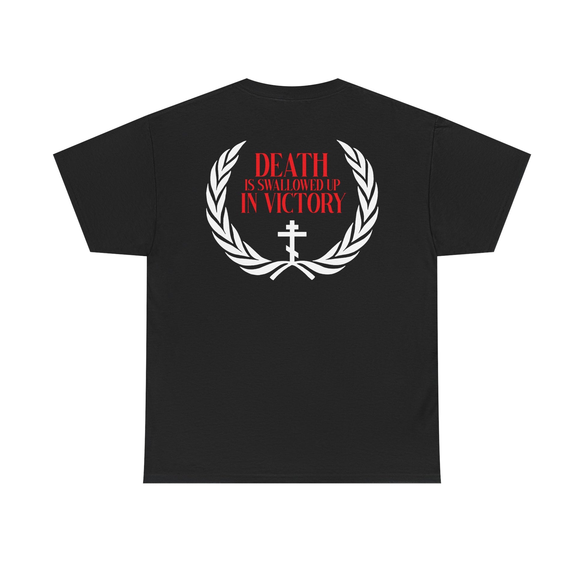 Archangel Michael of the Apocalypse Iconographic / Death is Swallowed Up In Victory double-sided unisex tee: black midweight cotton, laurel wreath, cross, and red “DEATH IS SWALLOWED UP IN VICTORY” text on back. Inspired by Revelation 12:7-9.