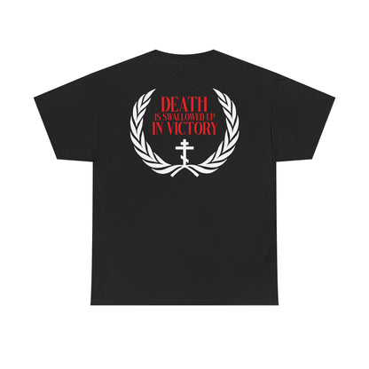 Archangel Michael of the Apocalypse Iconographic / Death is Swallowed Up In Victory double-sided unisex tee: black midweight cotton, laurel wreath, cross, and red “DEATH IS SWALLOWED UP IN VICTORY” text on back. Inspired by Revelation 12:7-9.