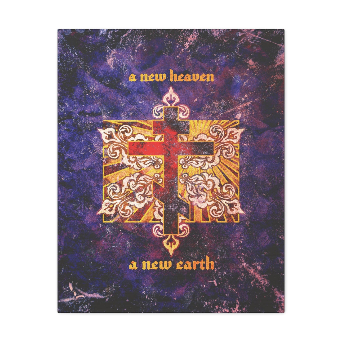 A New Heaven/A New Earth | Red Orthodox Cross on Textured Ornate Background | Christian Canvas Art