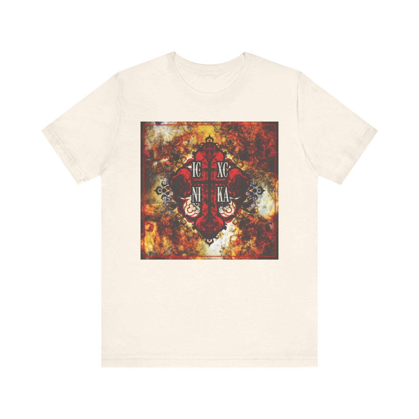 Natural ICXC NIKA Bold Colorful Textured Red Orthodox Cross Christian Lightweight Cotton Unisex Tee featuring an ornate red Orthodox cross and religious text on a fiery, textured background, inspired by the teachings of St Ambrose of Optina to keep Jesus in your heart amid unclean thoughts.