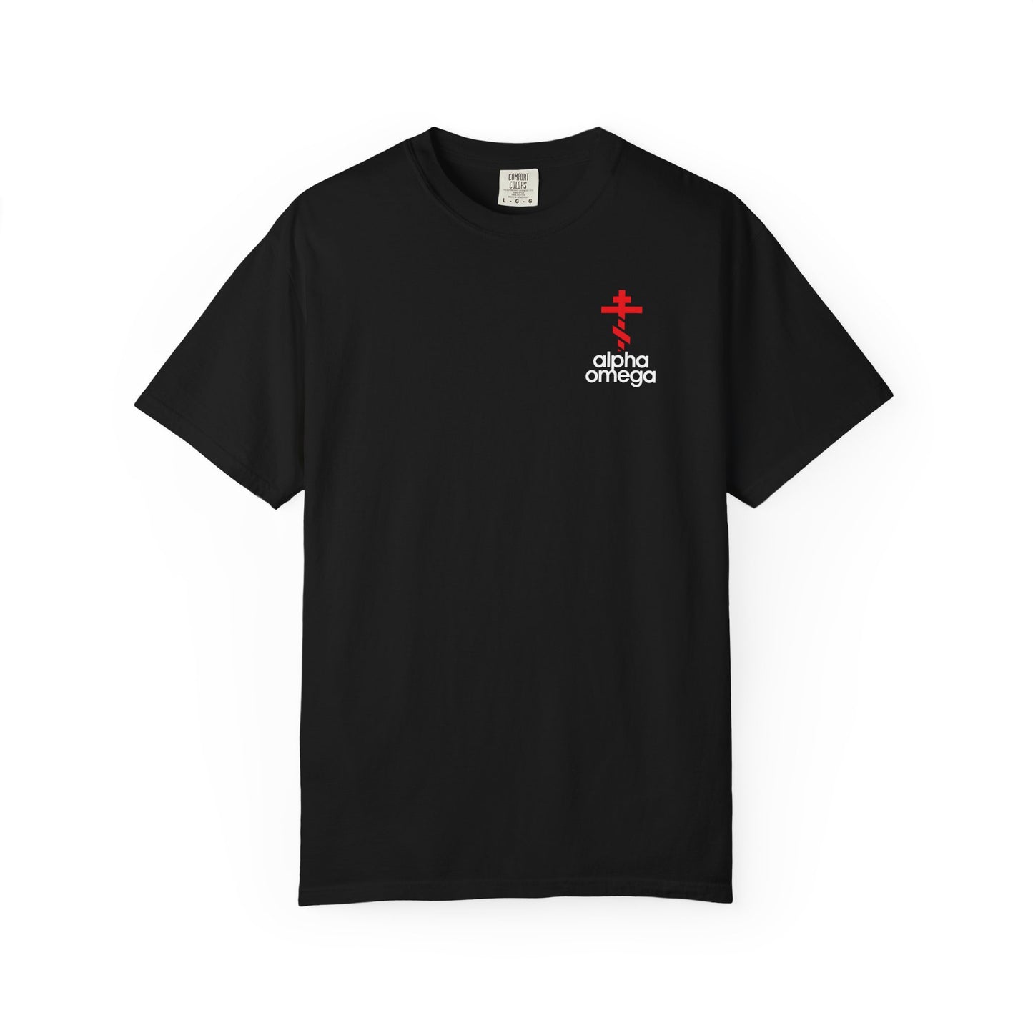 Alpha & Omega Red Orthodox Cross (Small Design) | Minimalist Adidas Inspired Logo Mashup | Christian Heavyweight Cotton Unisex Tee