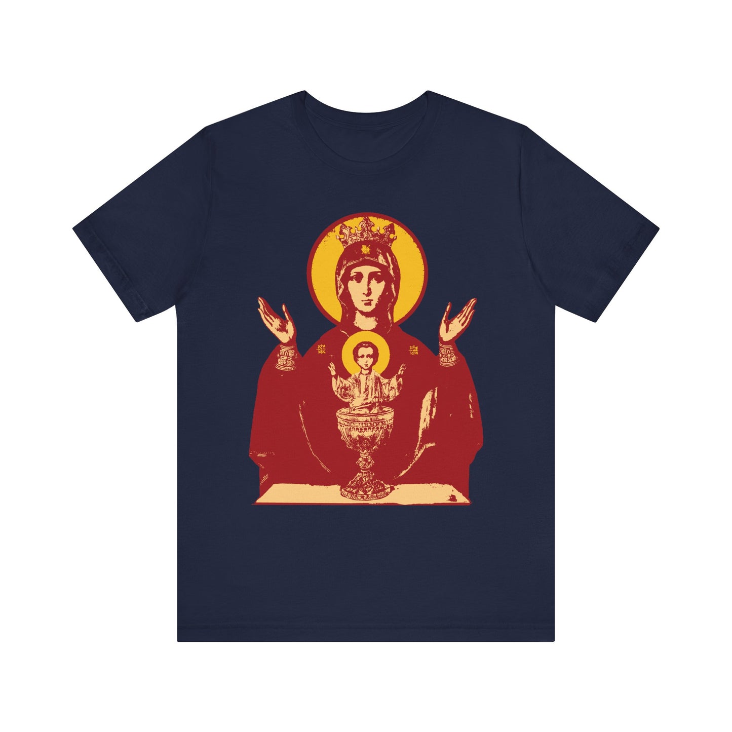 Navy unisex cotton t-shirt featuring the Holy Theotokos IconoGraphic of the Inexhaustible Chalice, Deliverer from Addictions and Conqueror of Passions, with Christ child in red and gold accents.